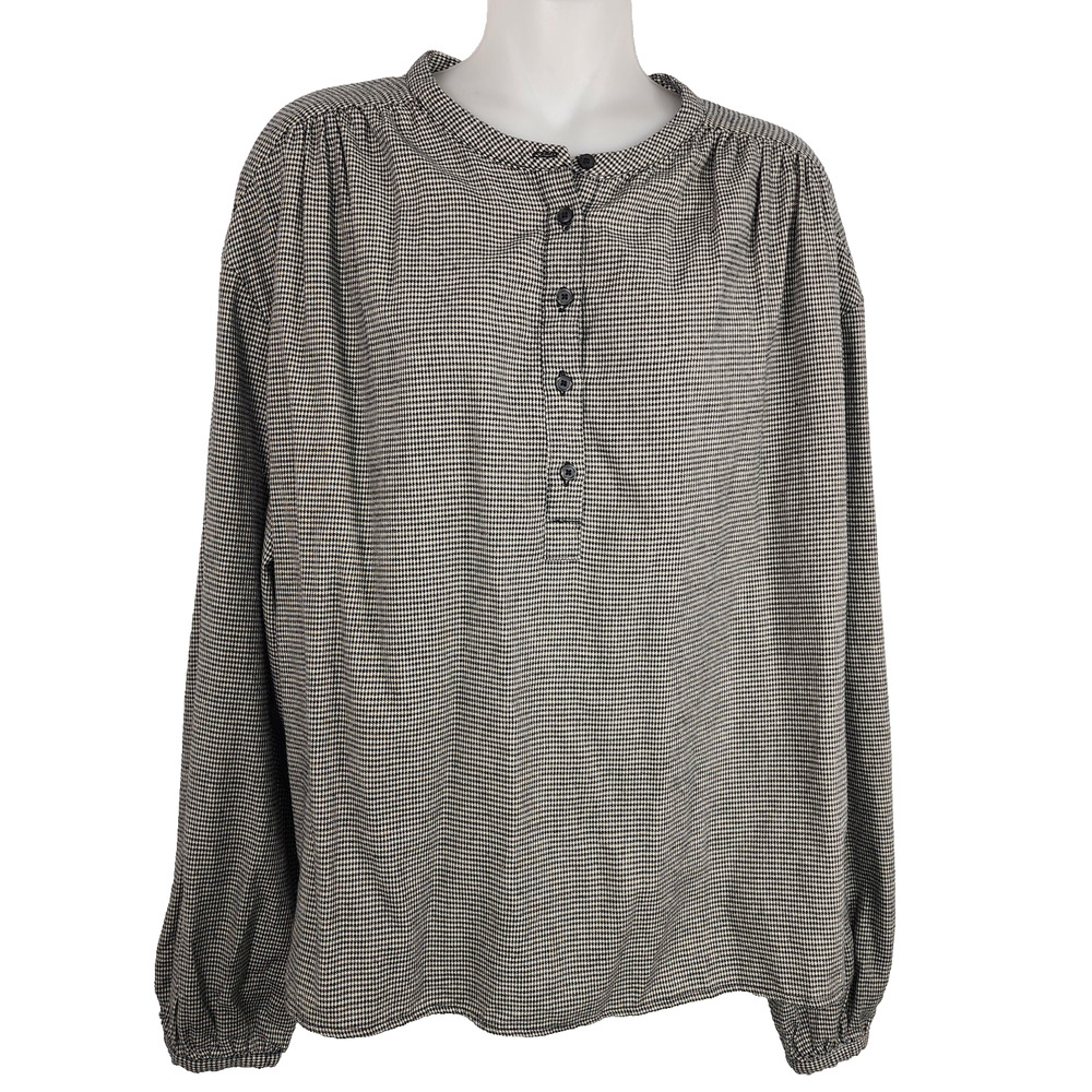 GAP Women's Shirred Henley Top Houndstooth Size Medium Tall Black Cotton Career